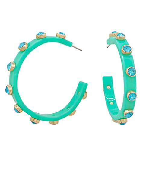 Turquoise hoop earrings with gold accents on a white background