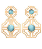 Gold earrings with turquoise stones on a white background