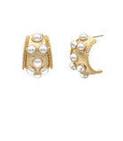 Gold hoop earrings with pearl-like beads on a white background