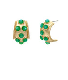 Gold hoop earrings with green gemstones on a white background