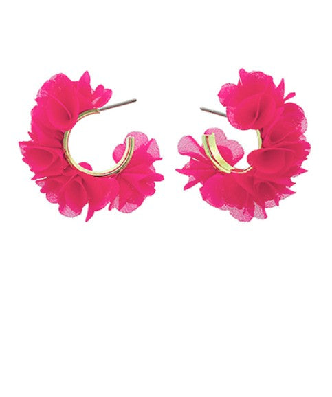 Pair of pink floral hoop earrings on a white background