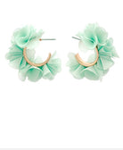Pair of light green floral hoop earrings on a white background
