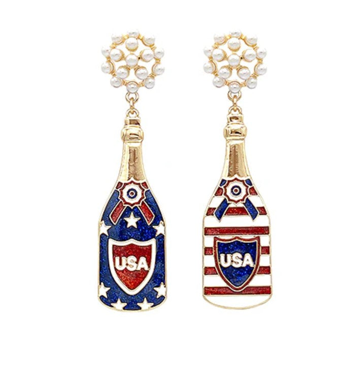 Pair of earrings with USA flag design on a white background