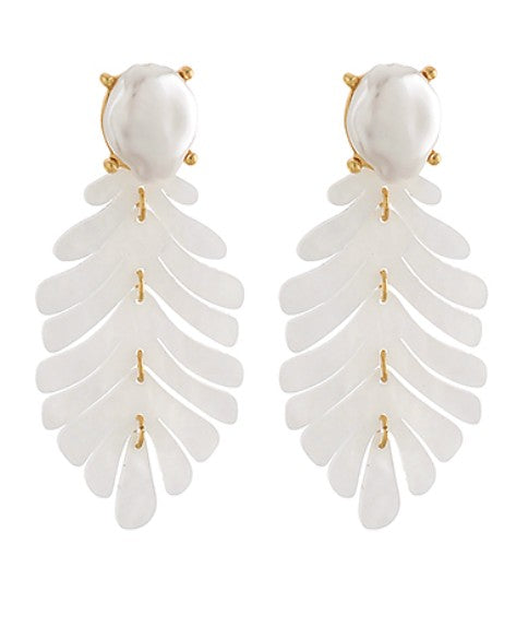 White feather-like earrings with gold accents on a white background