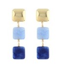 Pair of earrings with blue square stones and gold accents on a white background