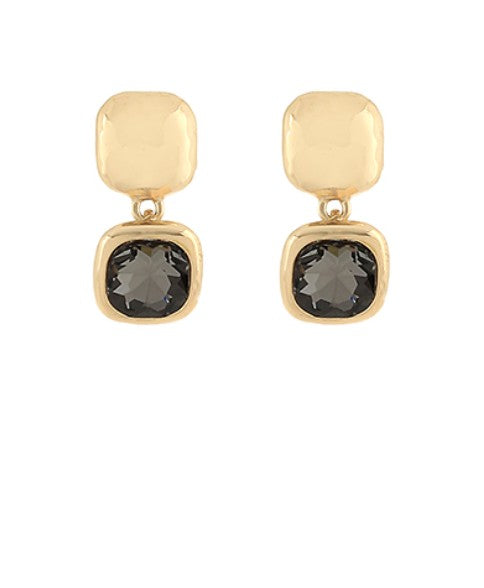 Gold earrings with black gemstones on a white background