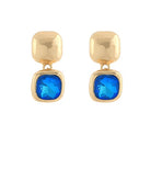 Gold earrings with royal blue gemstones on a white background