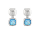Silver earrings with blue gemstones on a white background