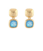 Gold earrings with light blue gemstones on a white background