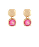 Gold earrings with pink gemstones on a white background