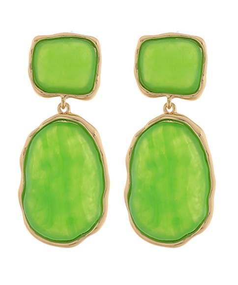 Green earrings with gold accents on a white background