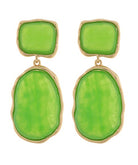 Green earrings with gold accents on a white background