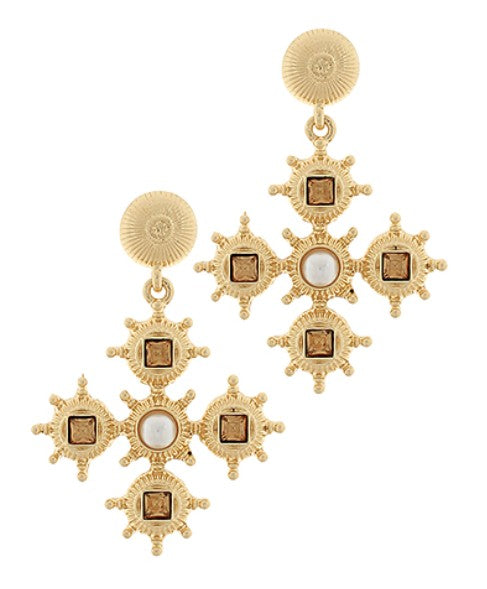 Gold earrings with star-like design on a white background