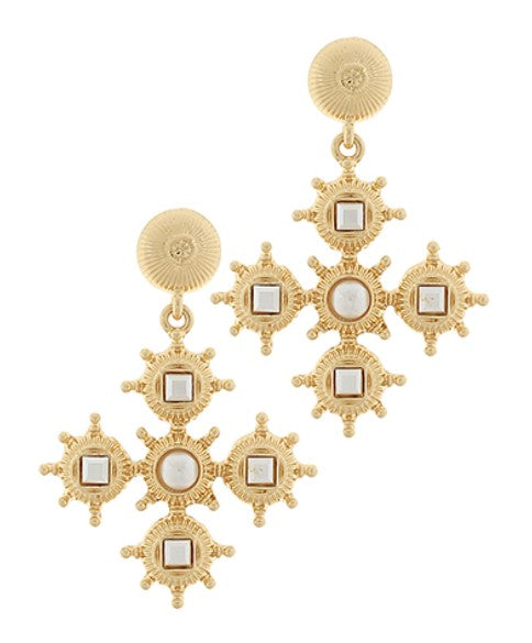 Gold earrings with intricate designs on a white background