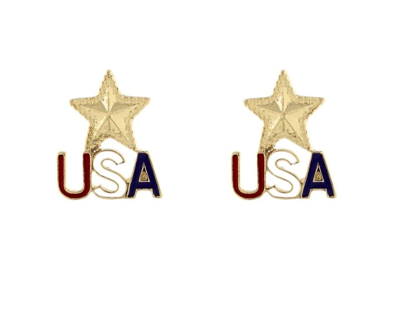 Pair of earrings with gold stars and 'USA' text on a white background