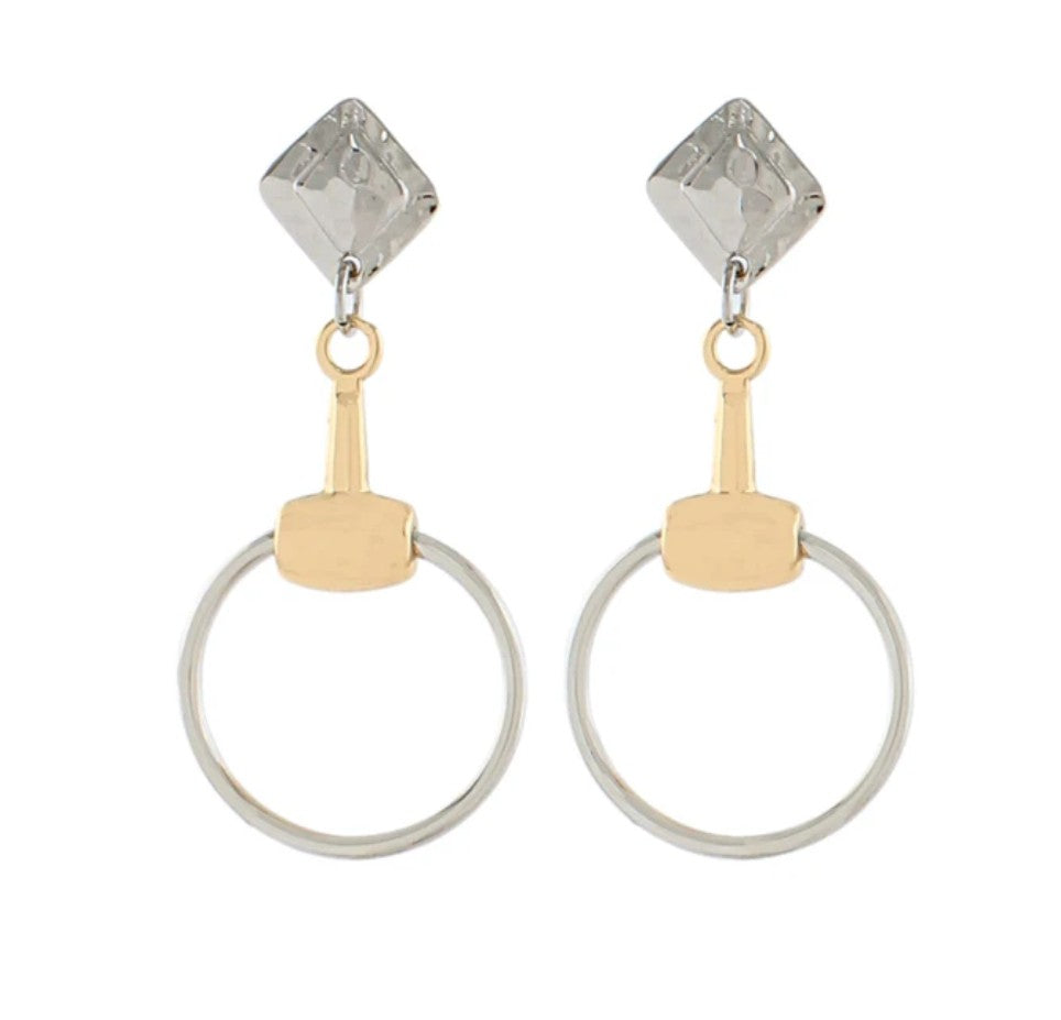 Pair of earrings with geometric designs on a white background