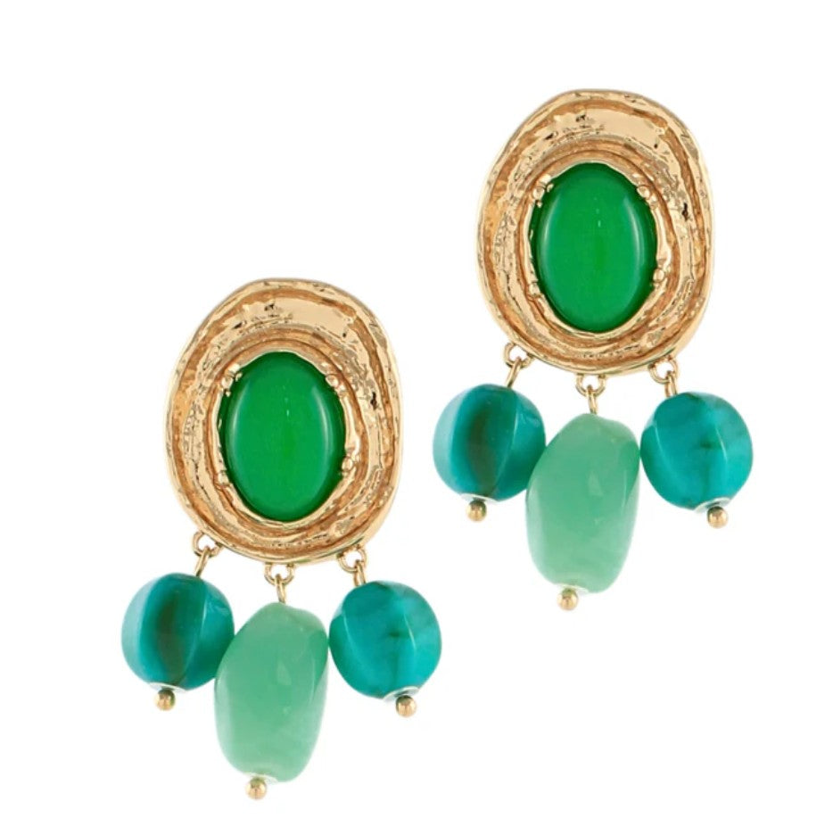 Gold-framed earrings with green and turquoise stones on a white background