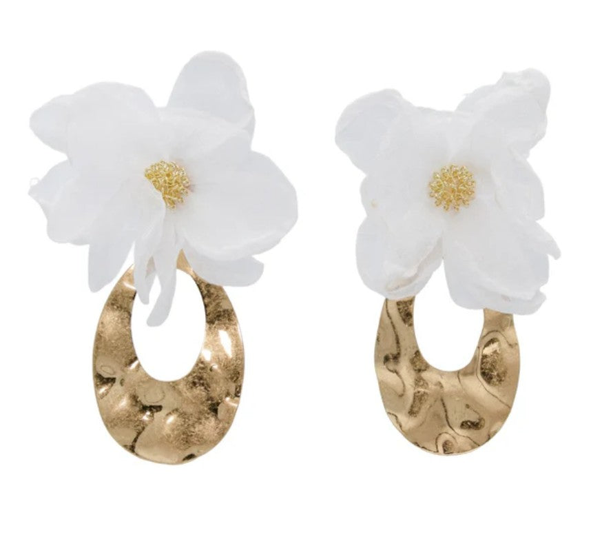Pair of earrings with white floral tops and gold下半部分 on a white background
