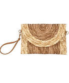 Two-tone woven clutch bag with a strap on a white background