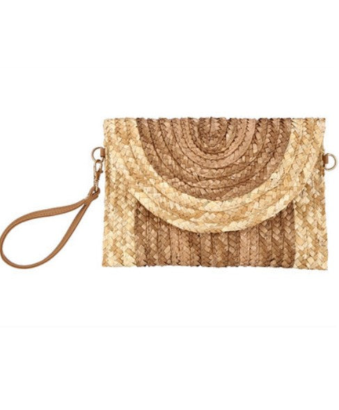 Two-tone woven clutch bag with a strap on a white background