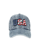 Denim cap with USA flag patch on a white background