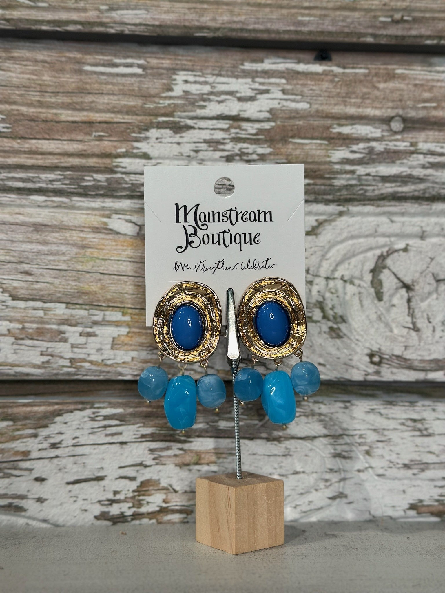 Blue & Gold Pebble Beaded Statement Earrings 