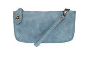 Blue suede clutch bag with a strap on a white background