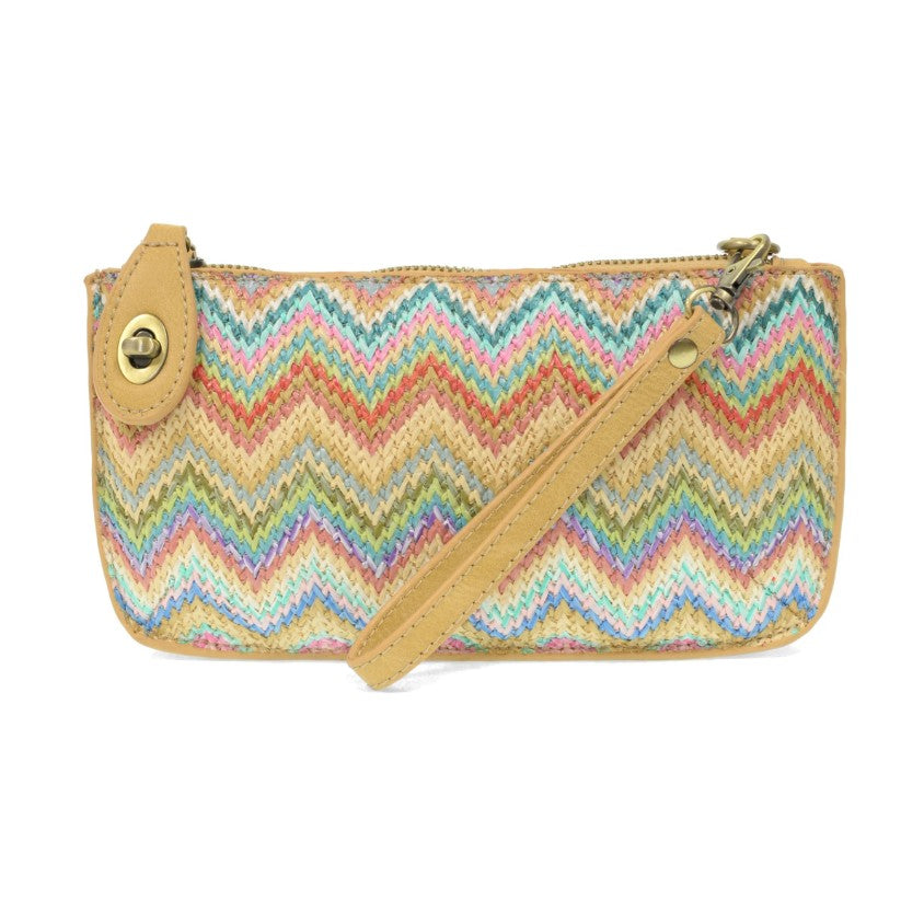Multicolored zigzag patterned pouch with a strap on a white background