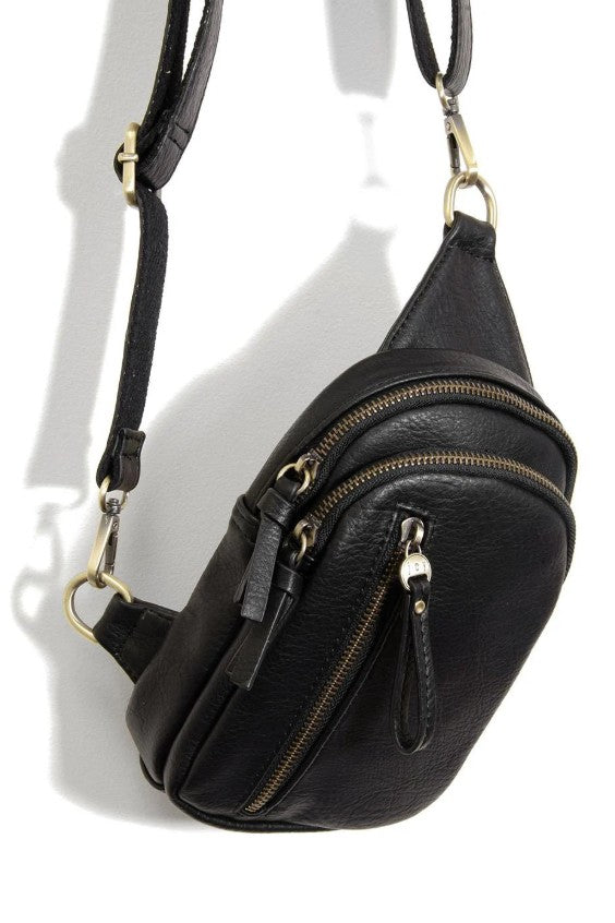Black leather crossbody bag with gold zippers on a white background