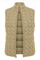 A sleeveless zip-front knit vest in a warm beige/tan color, featuring a cable-knit pattern on the exterior and a quilted puffer lining visible inside, shown against a plain white background.