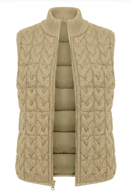 A sleeveless zip-front knit vest in a warm beige/tan color, featuring a cable-knit pattern on the exterior and a quilted puffer lining visible inside, shown against a plain white background.