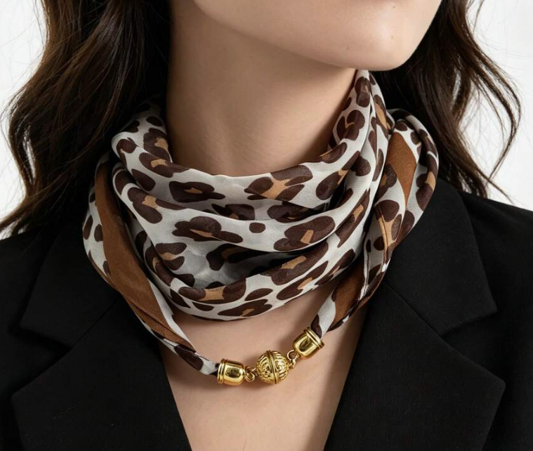 A close-up of a model wearing a leopard print silk scarf with a gold chain link necklace.