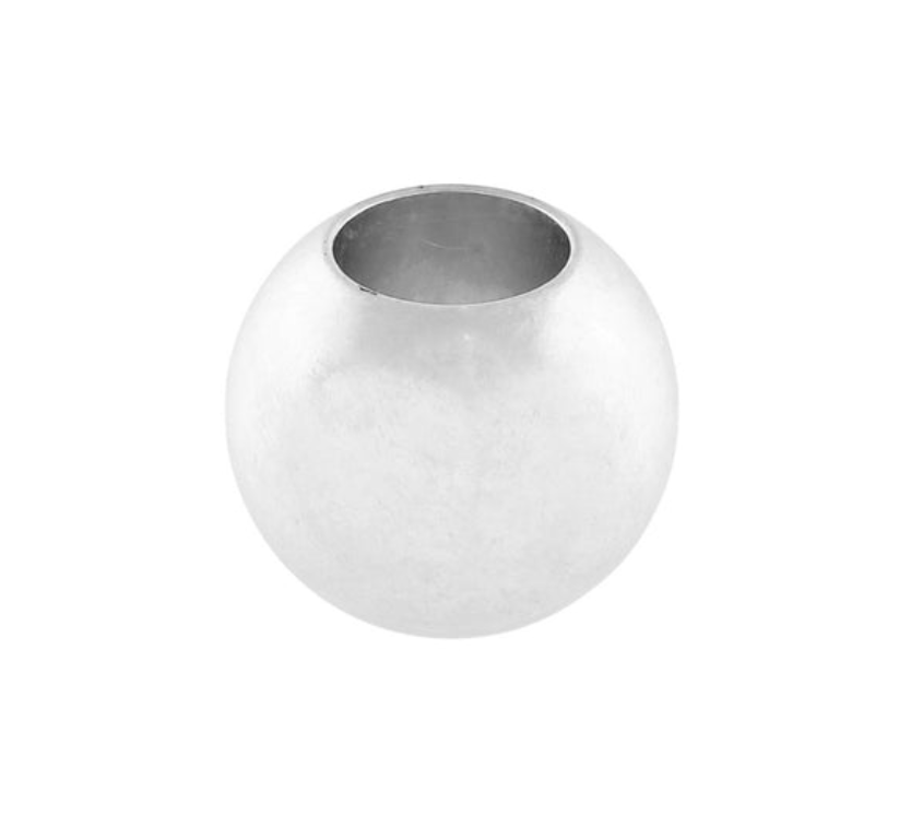 A polished silver metallic sphere with a hollow center, isolated on a solid white background.