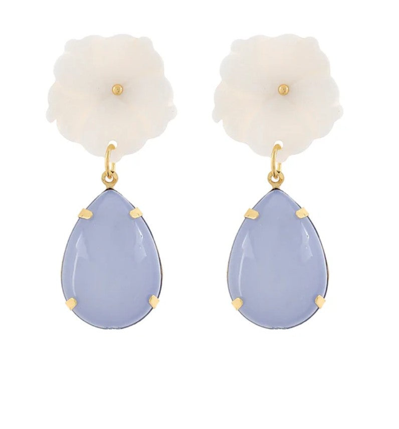 Teardrop-shaped earrings with gold accents on a white background