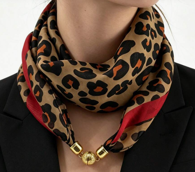 A close-up of a model wearing a leopard print scarf with red side panels and gold metal clasp details, styled with a black blazer.