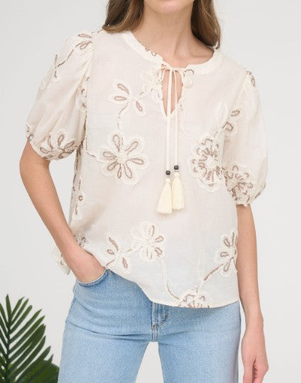 Woman wearing a beige embroidered blouse with puff sleeves and blue jeans against a white background.
