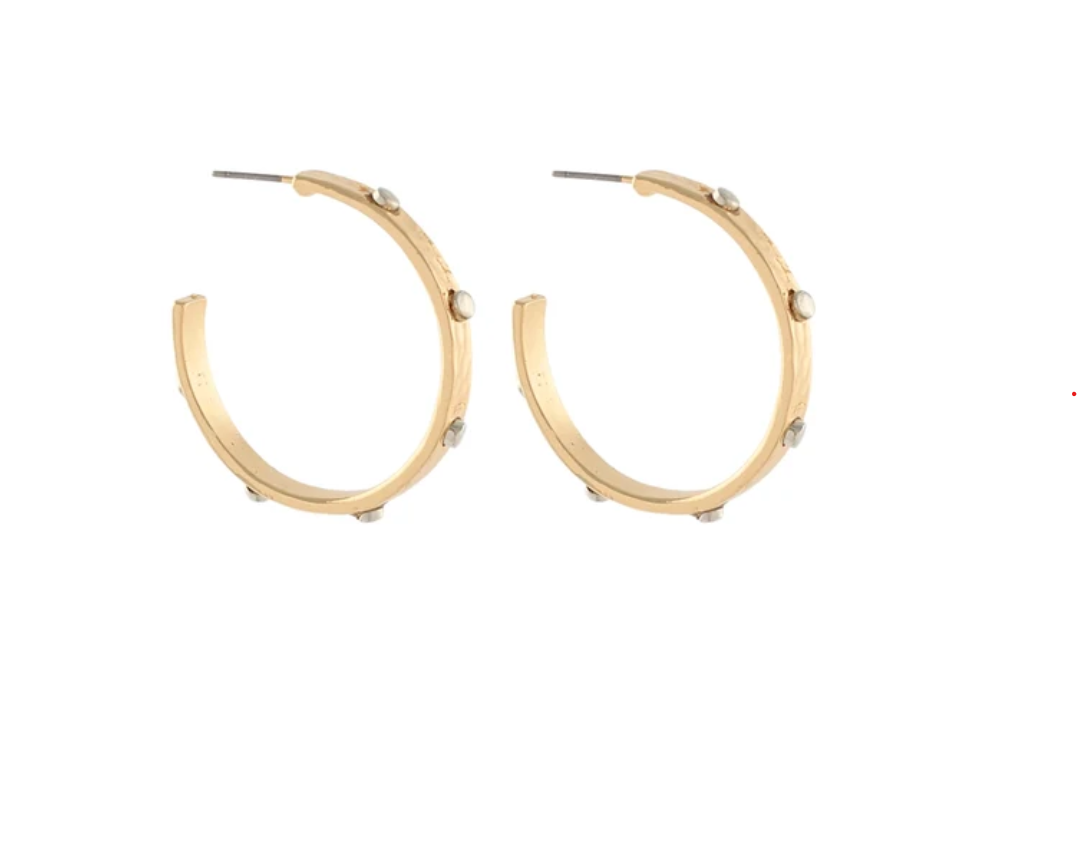 A pair of gold hoop earrings with small silver-toned studs, shown against a plain white background.