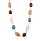 A gold-tone beaded necklace featuring alternating smooth, polished stone beads in cream, tan, deep red, teal blue, and light blue, displayed on a clean white background.