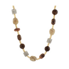 A beaded necklace featuring brown and beige agate-like beads, translucent gray crystal beads, and small gold spacer rings, displayed on a clean white background.