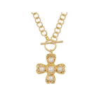 A gold-tone chain necklace with a toggle clasp and a decorative cross pendant featuring five white faux pearls set in an ornate gold-tone frame, shown on a plain white background.
