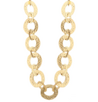 A gold chain necklace featuring large, textured oval links, displayed against a solid white background.