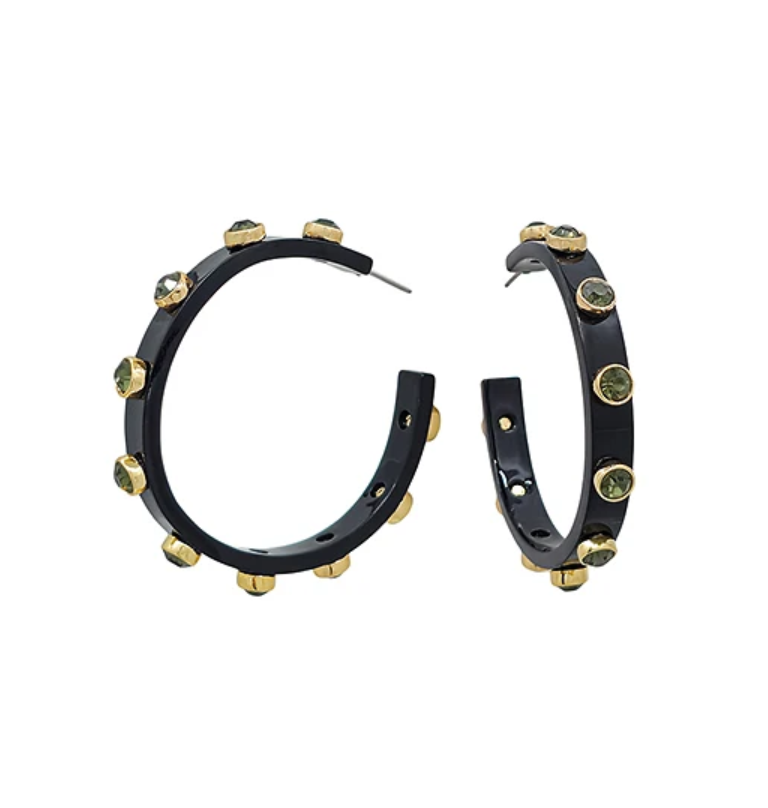 A pair of black hoop earrings embellished with small gold studs and round gold-toned beads, shown on a plain white background.