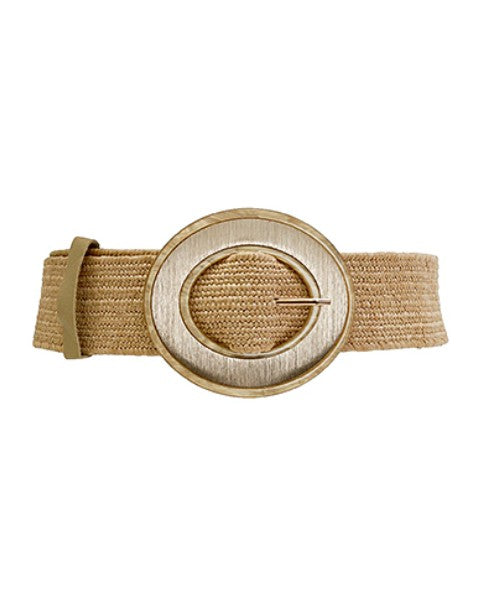 Beige belt with a large round gold buckle on a white background