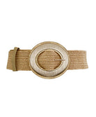 Beige belt with a large round gold buckle on a white background