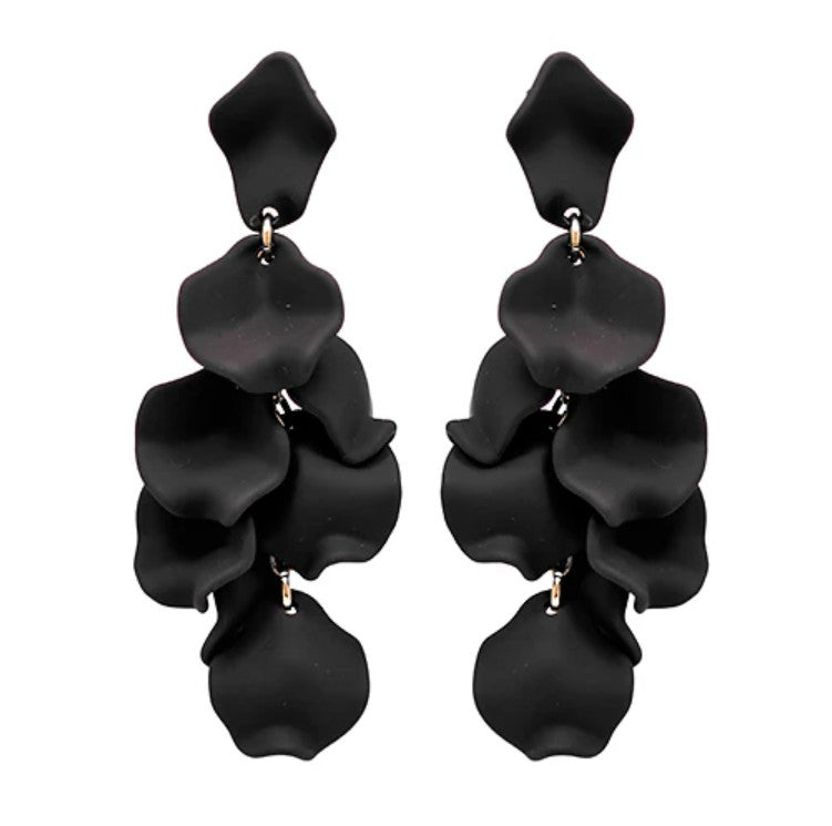 Black petal-shaped earrings on a white background